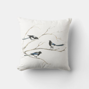 Watercolor Magpie Bird Family Animal Throw Pillow