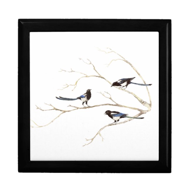  Watercolor Magpie Bird Family Chatting in Tree Gift Box (Front)