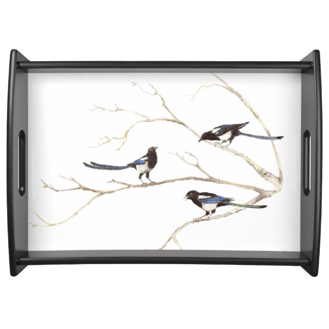  Watercolor Magpie Bird Family Chatting in Tree Serving Tray (Front)