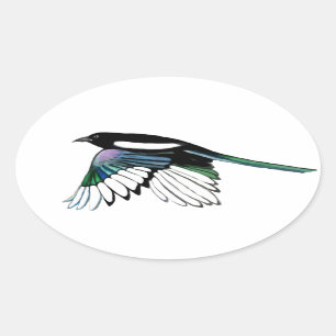 Watercolor Magpie Bird in Flight Nature Art Oval Sticker