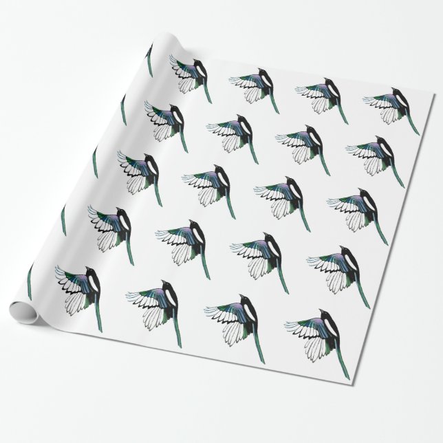Watercolor Magpie Bird in Flight Nature Art Wrapping Paper (Unrolled)