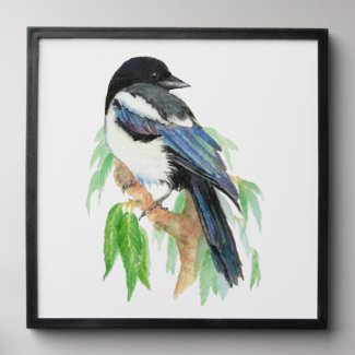 Watercolor Magpie Bird in Willow Tree