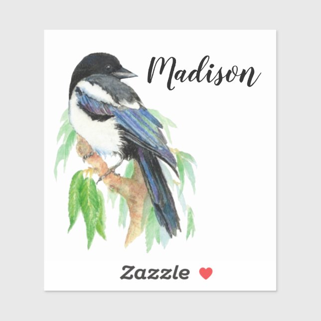 Watercolor Magpie Bird Nature Custom Name Sticker (Sheet)