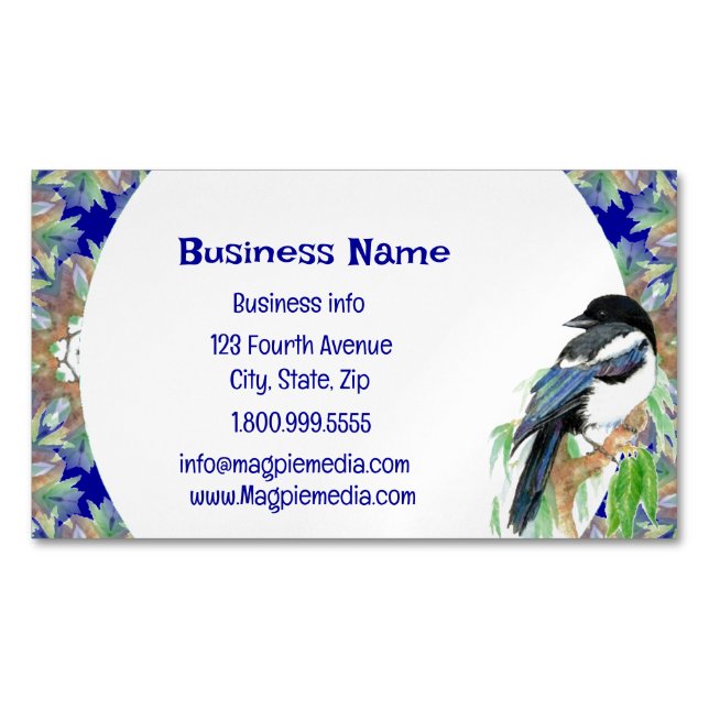 Watercolor Magpie Bird Nature Wildlife Art Busines Business Card Magnet (Front)