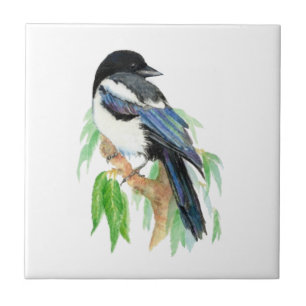 Watercolor Magpie Bird & Willow Tree Ceramic Tile