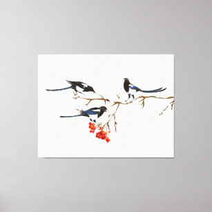Watercolor Magpie Birds Nature Art  Canvas Print