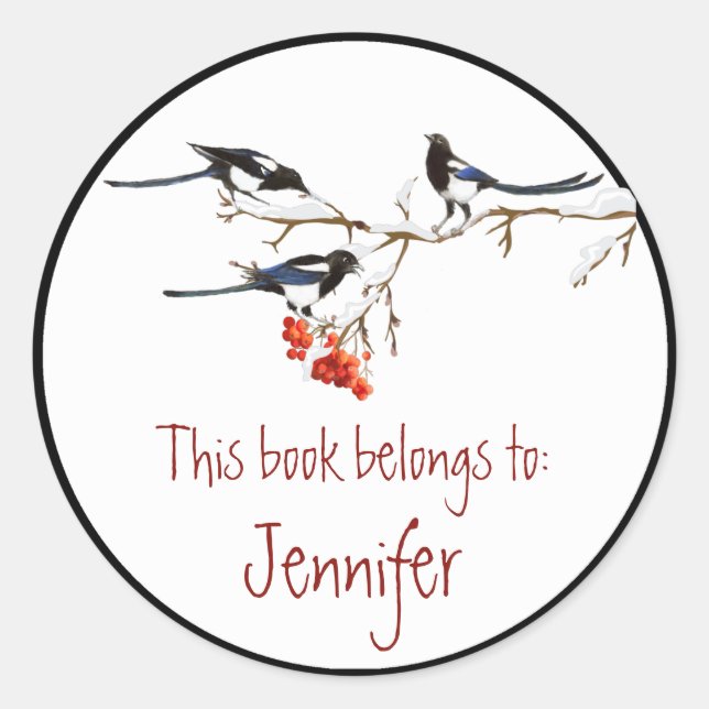 Watercolor Magpie Birds Nature Library Book Plate (Front)