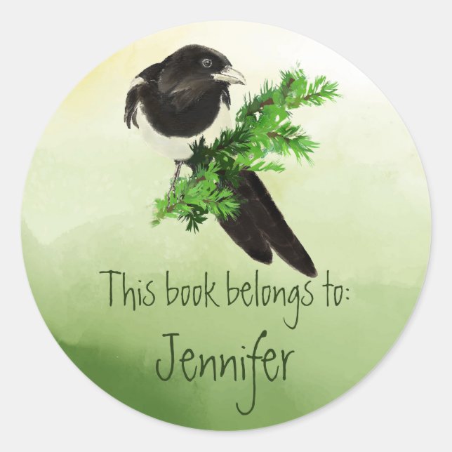 Watercolor Magpie Birds Nature Library Book Plate (Front)