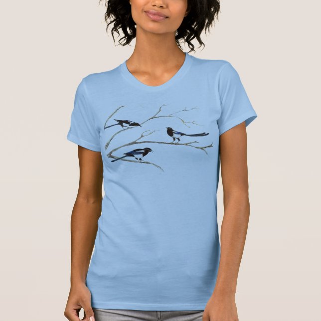 Watercolor Magpie Family  Garden Bird T-Shirt (Front)