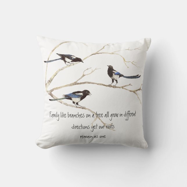 Watercolor Magpie Family Quote Animal Nature Throw Pillow (Front)
