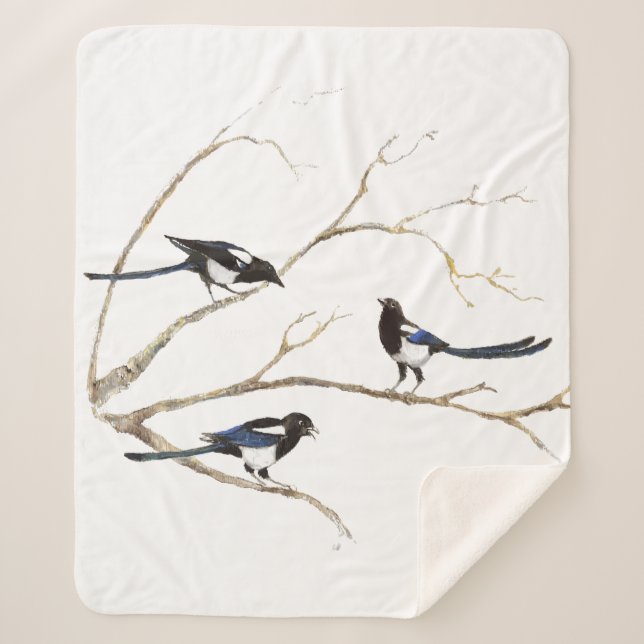 Watercolor Magpie Garden Bird Wildlife Art  Sherpa Blanket (Front)