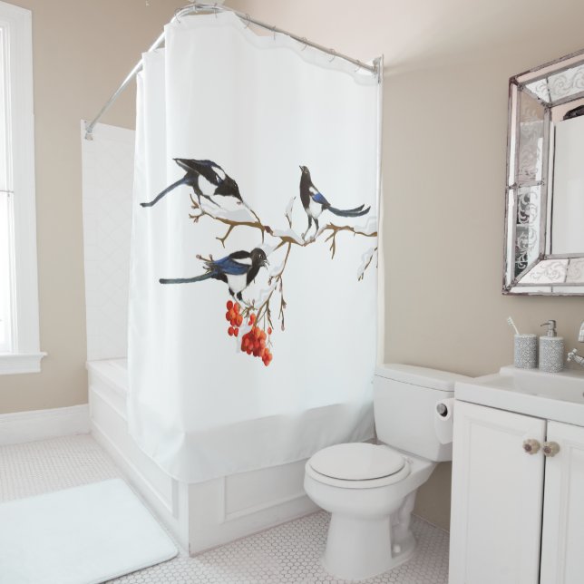 Watercolor Magpies Garden Bird Wildlife Art Shower Curtain (In Situ)