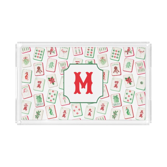 Watercolor Mahjong Christmas Tiles Monogram Acrylic Tray (Front)