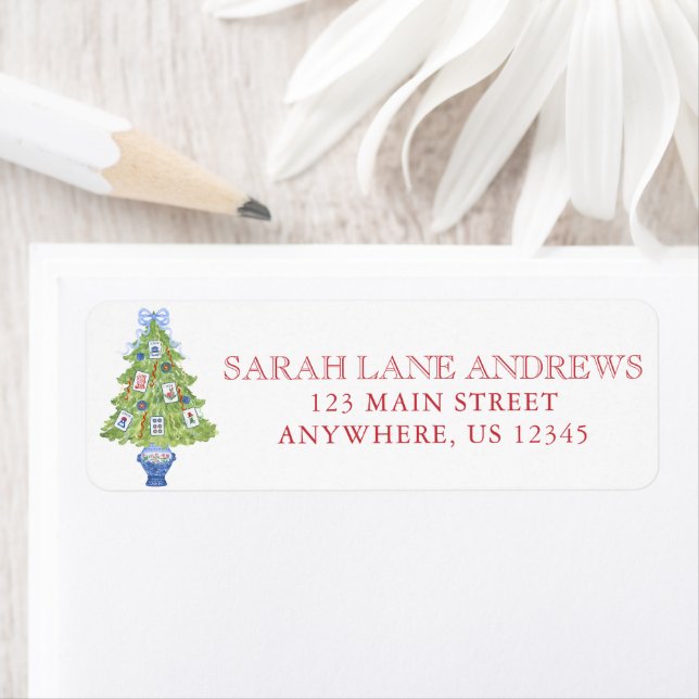 Watercolor Mahjong Christmas Tree Address Label (Insitu)