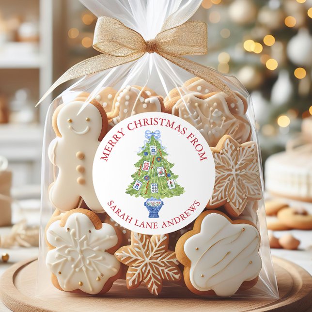 Watercolor Mahjong Christmas Tree Gift Classic Round Sticker (Creator Uploaded)