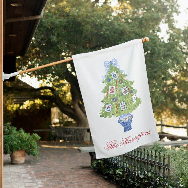 Watercolor Mahjong Christmas Tree House Flag (In SItu)