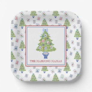 Watercolor Mahjong Christmas Tree Party Paper Plates