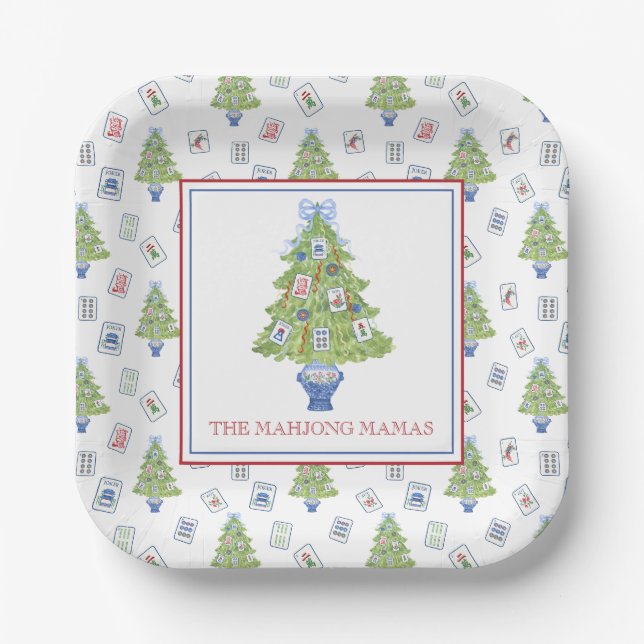 Watercolor Mahjong Christmas Tree Party Paper Plates (Front)