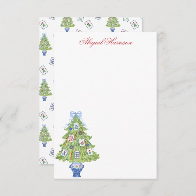 Watercolor Mahjong Christmas Tree Personalized Note Card (Front/Back)