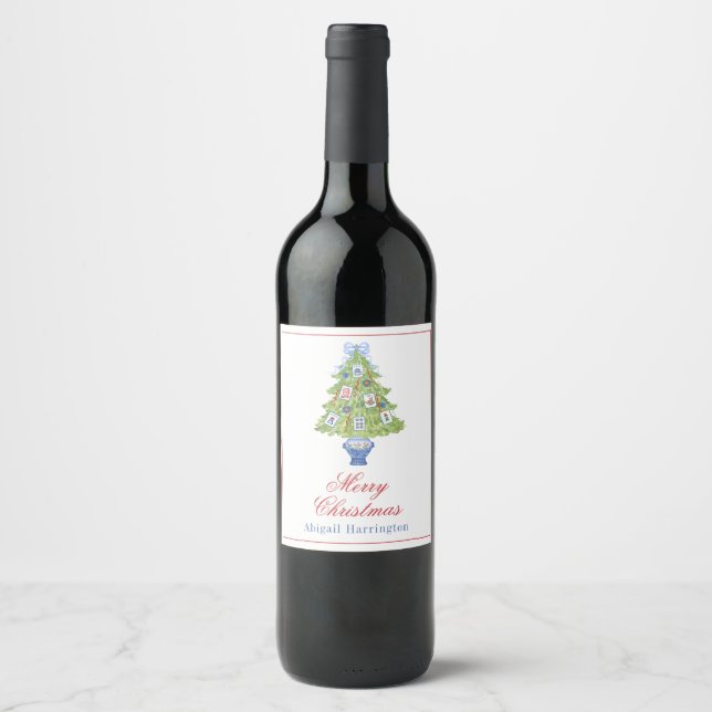 Watercolor Mahjong Christmas Tree Wine Label (Front)