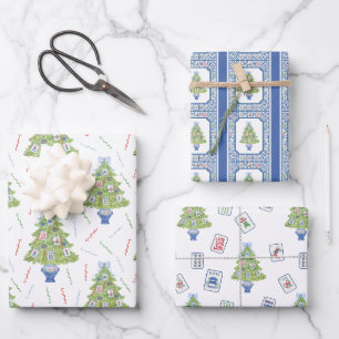 Watercolor Mahjong Christmas Tree Wrapping Paper Sheets