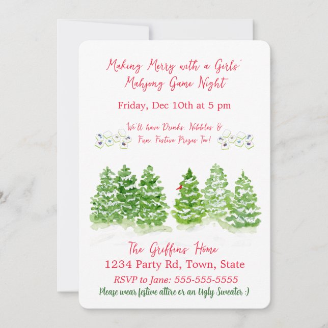 Watercolor MAHJONG Holiday Winter Trees Invitation (Front)