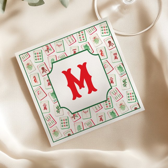 Watercolor Mahjong Red & Green Christmas  Monogram Napkins (Creator Uploaded)