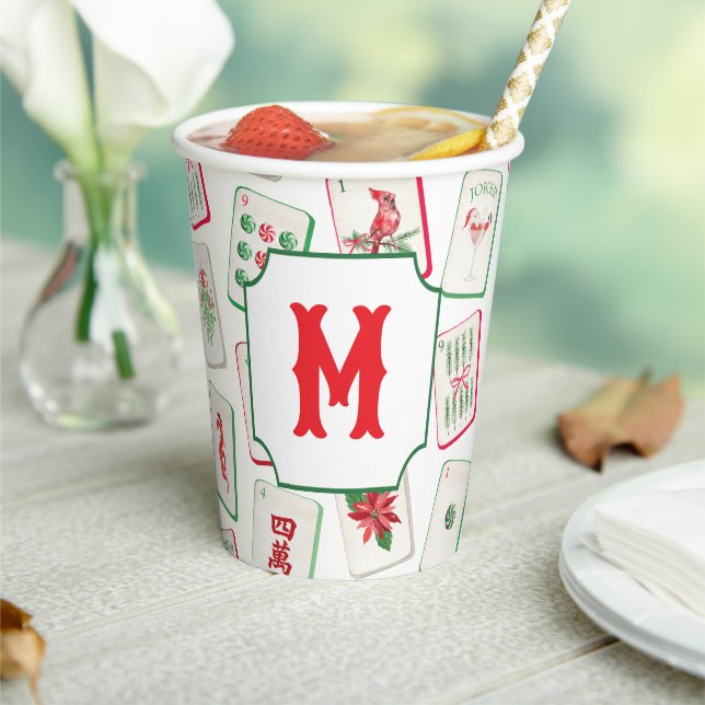 Watercolor Mahjong Red & Green Christmas  Monogram Paper Cups (Insitu)