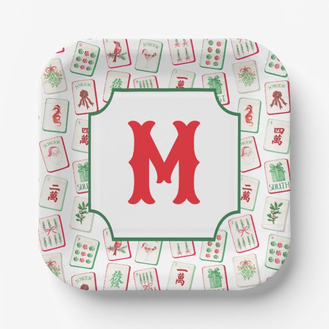 Watercolor Mahjong Red & Green Christmas  Monogram Paper Plates (Front)