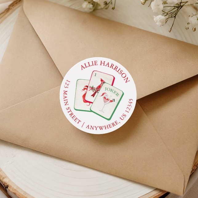 Watercolor Mahjong Red & Green Christmas Tiles Classic Round Sticker (Creator Uploaded)