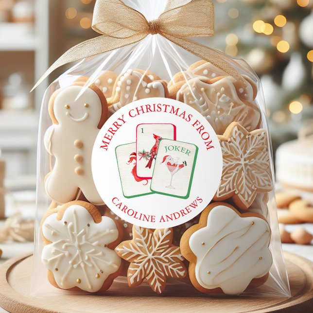 Watercolor Mahjong Red & Green Christmas Tiles Classic Round Sticker (Creator Uploaded)