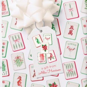 Watercolor Mahjong Red & Green Christmas Tiles Gift Tags
