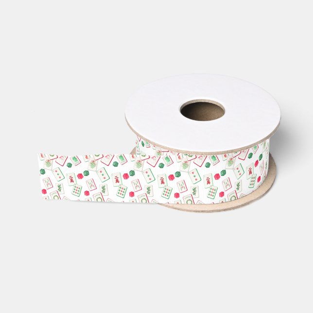 Watercolor Mahjong Red & Green Christmas Tiles Grosgrain Ribbon (Spool)