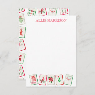 Watercolor Mahjong Red & Green Christmas Tiles Note Card