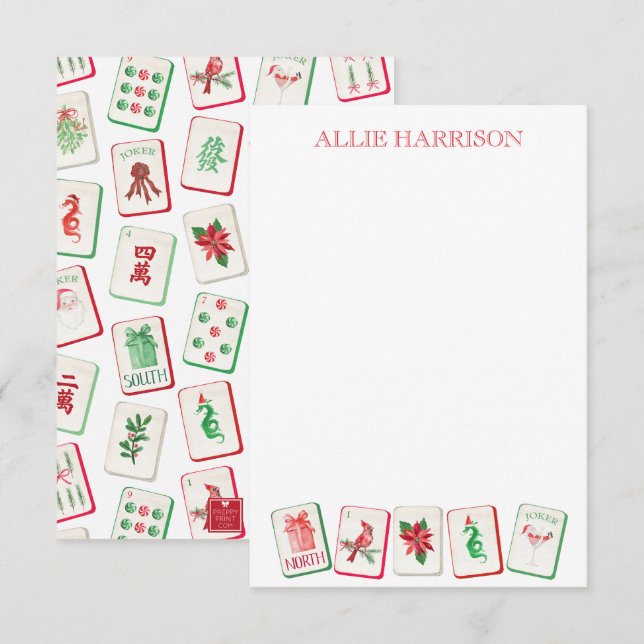 Watercolor Mahjong Red & Green Christmas Tiles Note Card (Front/Back)