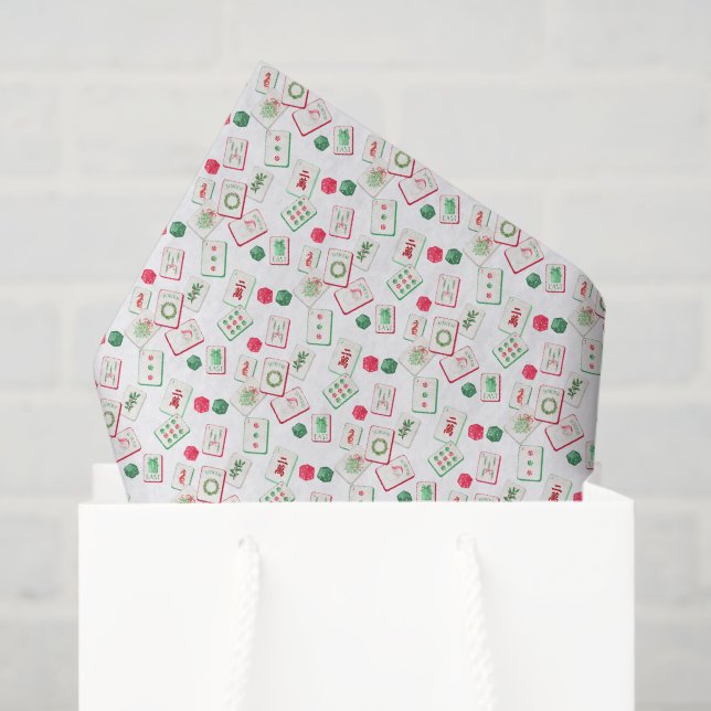 Watercolor Mahjong Red & Green Christmas Tiles Tissue Paper (Gift Bag)