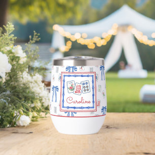 Watercolor Mahjong Tiles & Bows Party Thermal Wine Tumbler