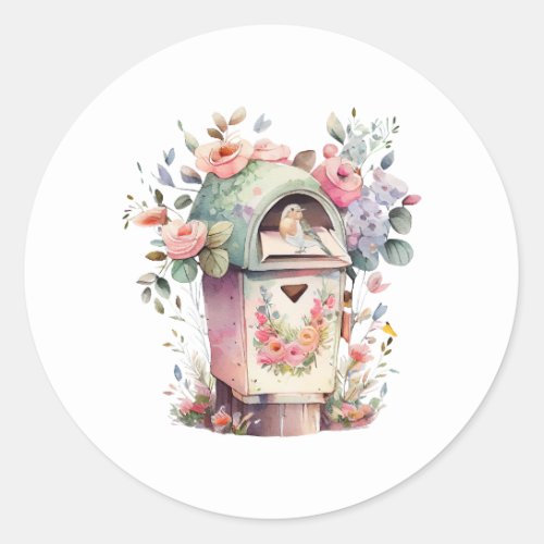 Watercolor Mailbox with Flowers and Bird Classic Round Sticker