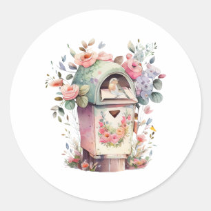 Watercolor Mailbox with Flowers and Bird Classic Round Sticker