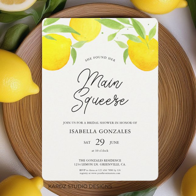 Watercolor Main Squeeze Citrus Bridal Shower Invitation (This citrus summer bridal shower invitation is shown in 5 x 7 inches. Other sizes available.)