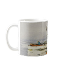 Watercolor Maine Fishing Boat Ocean Orange Gray