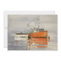 Watercolor Maine Fishing Boat Ocean Orange Gray