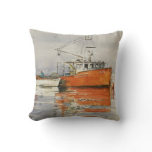 Watercolor Maine Fishing Boat Ocean Orange Gray