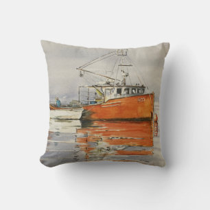 Watercolor Maine Fishing Boat Ocean Orange Gray Throw Pillow