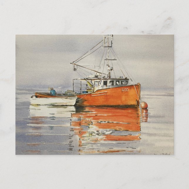 Watercolor Maine Fishing Boat Orange Seascape Post Postcard (Front)