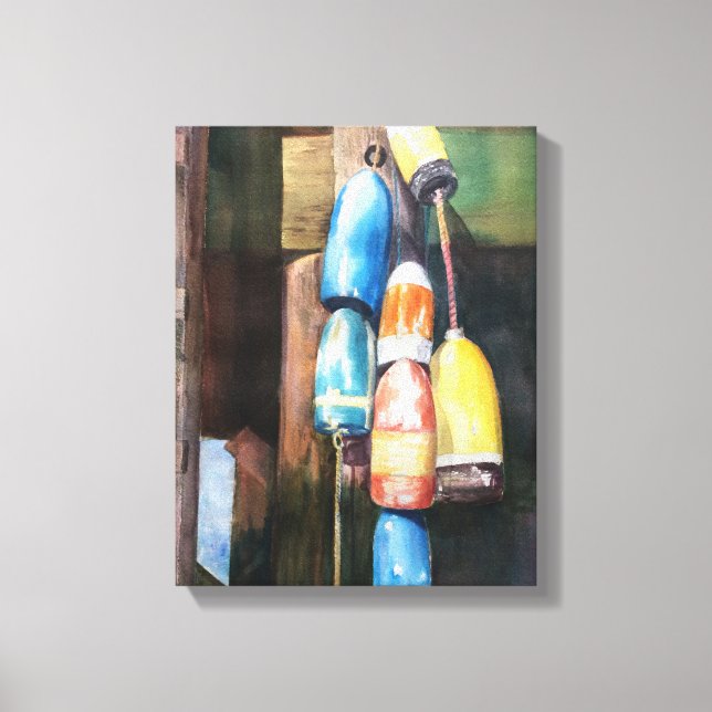 Watercolor Maine Lobster Buoy Coastal Canvas Print (Front)