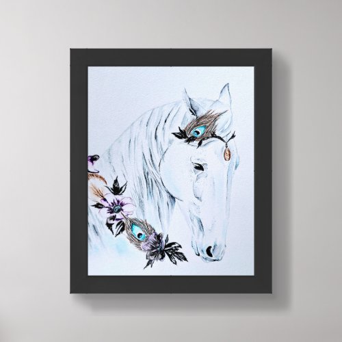 Watercolor Majestic Jewel Embellished White Horse Framed Art