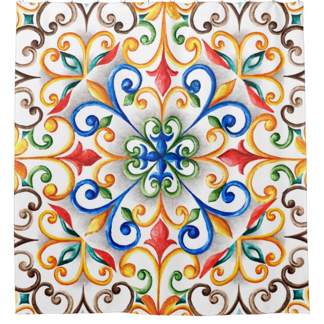 Watercolor majolica ornament shower curtain (Front)