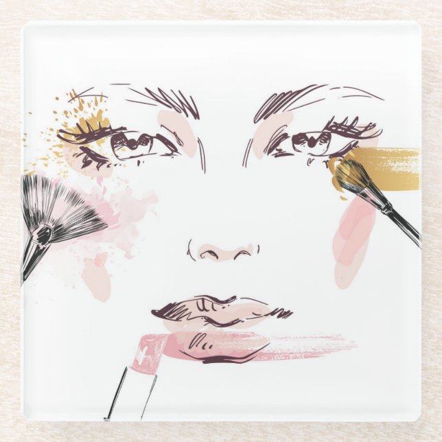Watercolor Makeup Face Glass Coaster (Front)