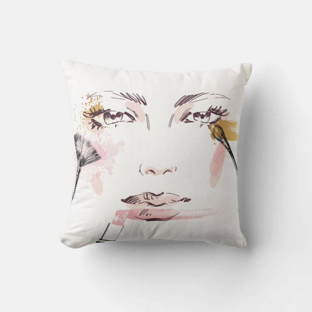 Watercolor Makeup Face Throw Pillow (Front)